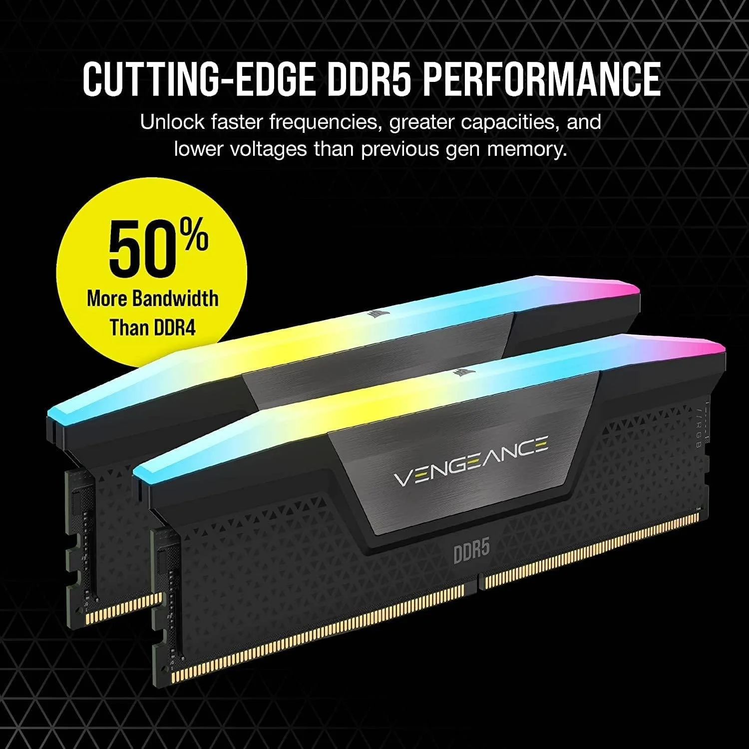 کیت حافظه دسکتاپ دو کاناله 64 گیگابایتی (2 عدد 32 گیگابایتی) CORSAIR VENGEANCE RGB DDR5، 288 پین، سرعت تست شده 6000 مگاهرتز، تاخیر 30-36-36-76، چیپست Intel XMP 3.0، PMIC اورکلاک، 1.40 ولت، مشکی | CMH64GX5M2B6000C30