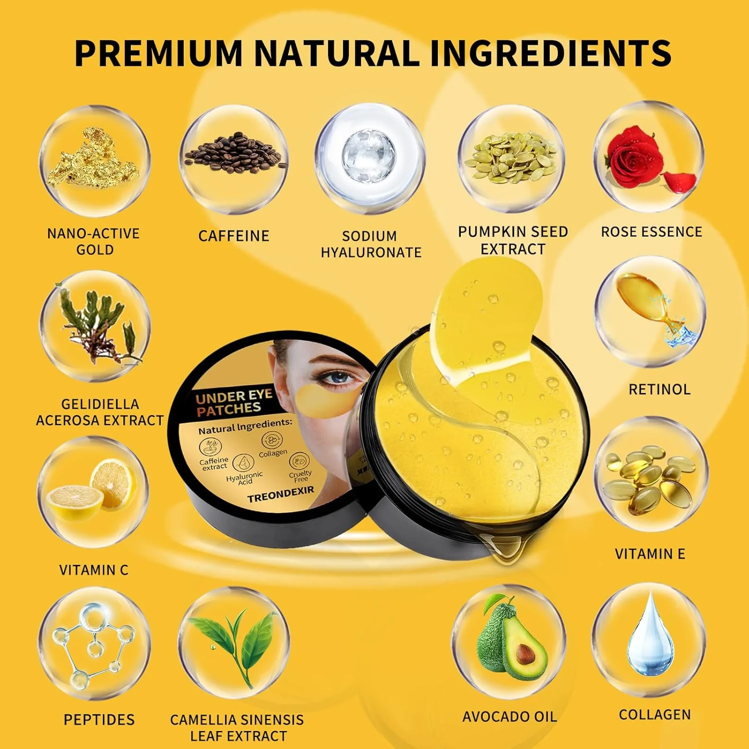 ماسک چشم طلای 24 عیار برای سیاهی و پف زیر چشم، 70 عدد پد ژلی زیر چشم برای درمان پف کردگی چشم حاوی کلاژن، کافئین و پپتیدها، ماسک ژلی مراقبت از پوست چشم