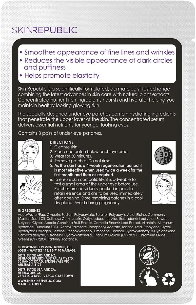 پد زیر چشم هیدروژل کلاژن Skin Republic (3 جفت) – ماسک چشم با چای سبز و آلوئه ورا، کاهش دهنده چین و چروک، پف و سیاهی دور چشم، آبرسان، ترمیم کننده پوست و محافظت از رادیکال های آزاد