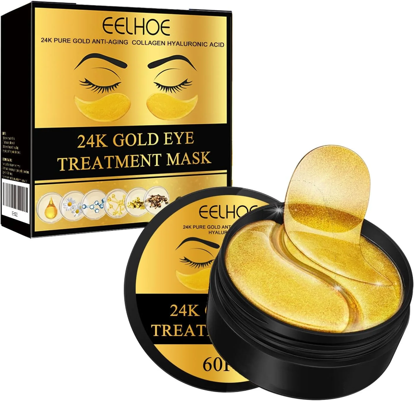 ماسک زیر چشم طلای 24 عیار، 60 عدد پچ ژلی کلاژن برای پف زیر چشم، حلقه های تیره، کیسه های چشم، خطوط ریز و چین و چروک، پچ های درمانی آبرسان و ضد پیری چشم