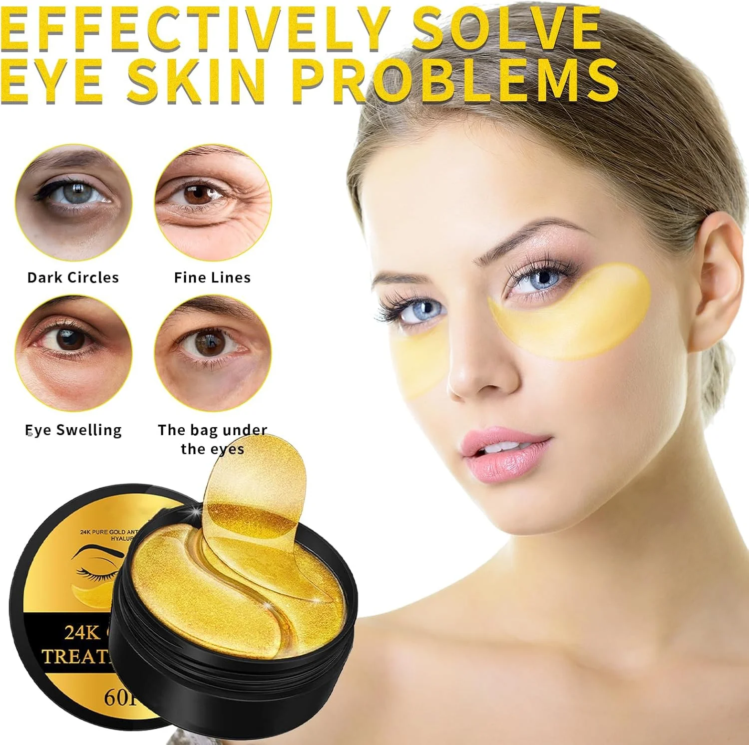 ماسک زیر چشم طلای 24 عیار، 60 عدد پچ ژلی کلاژن برای پف زیر چشم، حلقه های تیره، کیسه های چشم، خطوط ریز و چین و چروک، پچ های درمانی آبرسان و ضد پیری چشم