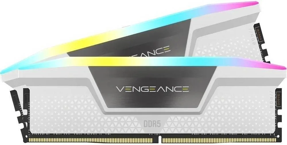 کیت حافظه دسکتاپ 32 گیگابایتی (2 عدد 16 گیگابایتی) CORSAIR Vengeance RGB DDR5، سرعت حافظه 5600 مگاهرتز، تاخیر CAS 40-40-40-77، چیپست Intel XMP 3.0، ولتاژ 1.25، 288 پین، سفید | CMH32GX5M2B5600C40W