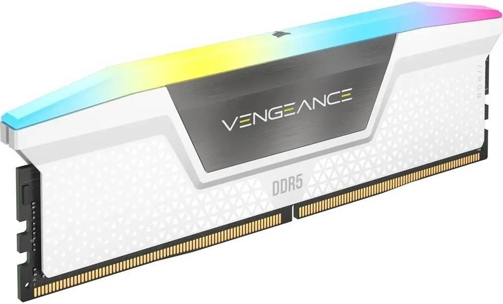 کیت حافظه دسکتاپ 32 گیگابایتی (2 عدد 16 گیگابایتی) CORSAIR Vengeance RGB DDR5، سرعت حافظه 6000 مگاهرتز، CL 36 Rev E CAS Latency، چیپست Intel XMP 3.0، ولتاژ 1.40، 288 پین، سفید | CMH32GX5M2E6000C36W