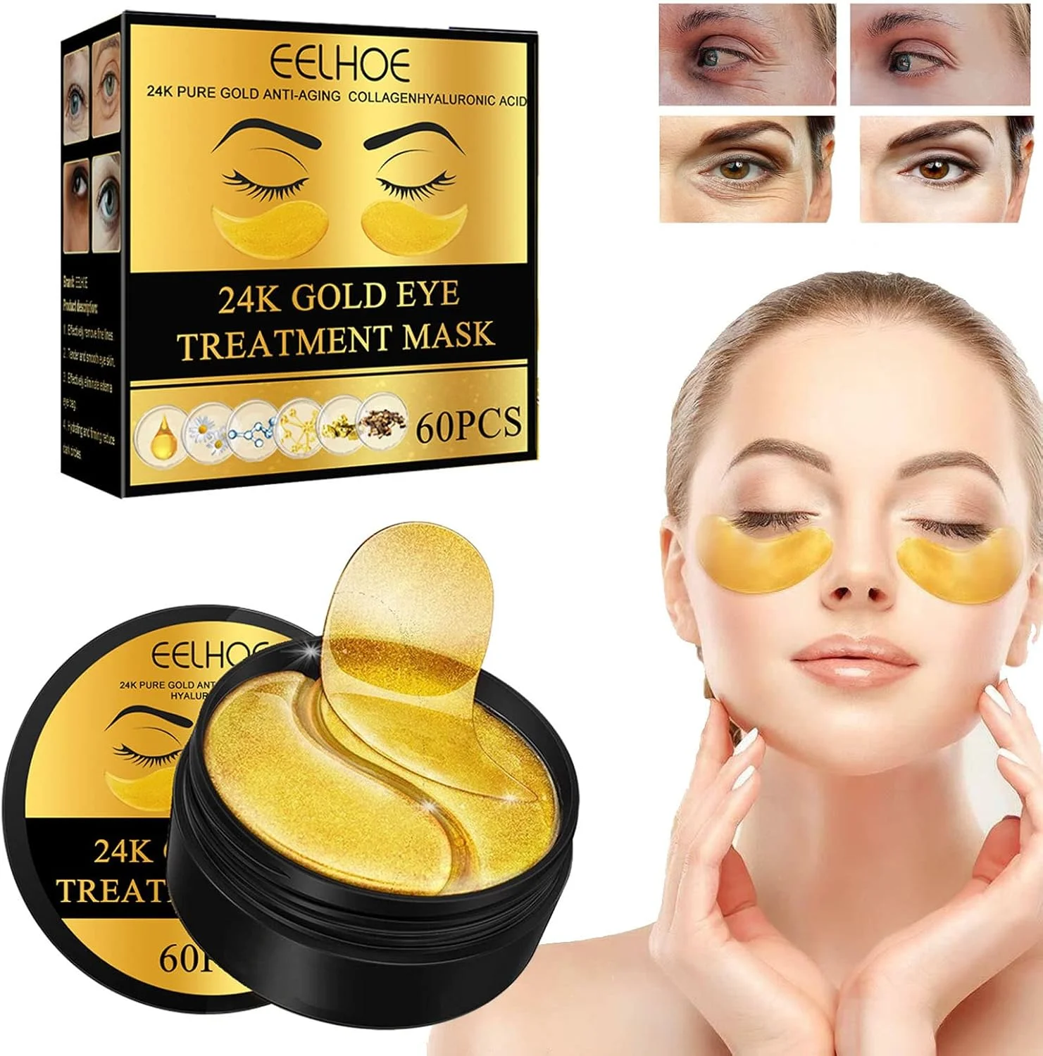 پدهای زیر چشم DEKII - 60 عدد ماسک چشم طلای 24 عیار و اسید هیالورونیک برای رفع سیاهی دور چشم، پف و چین و چروک، مراقبت از پوست برای مردان و زنان