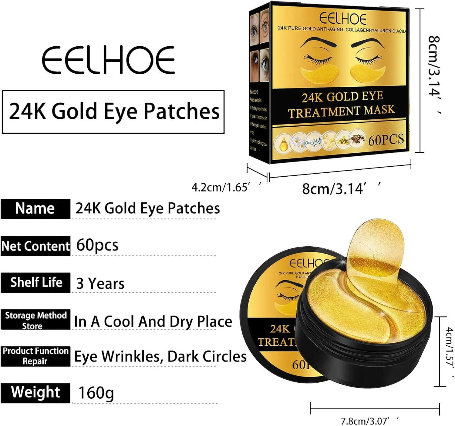 پدهای زیر چشم DEKII - 60 عدد ماسک چشم طلای 24 عیار و اسید هیالورونیک برای رفع سیاهی دور چشم، پف و چین و چروک، مراقبت از پوست برای مردان و زنان