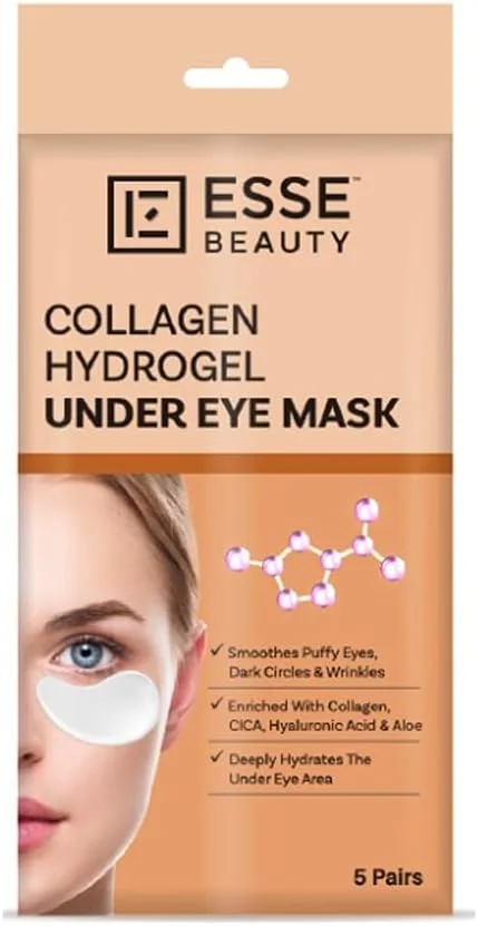 ماسک زیر چشم هیدروژل کلاژن Esse Beauty | 5 جفت | غنی شده با کلاژن، CICA، اسید هیالورونیک و آلوئه ورا | صاف کننده پف زیر چشم، حلقه های تیره، چین و چروک و آبرسانی عمیق ناحیه زیر چشم
