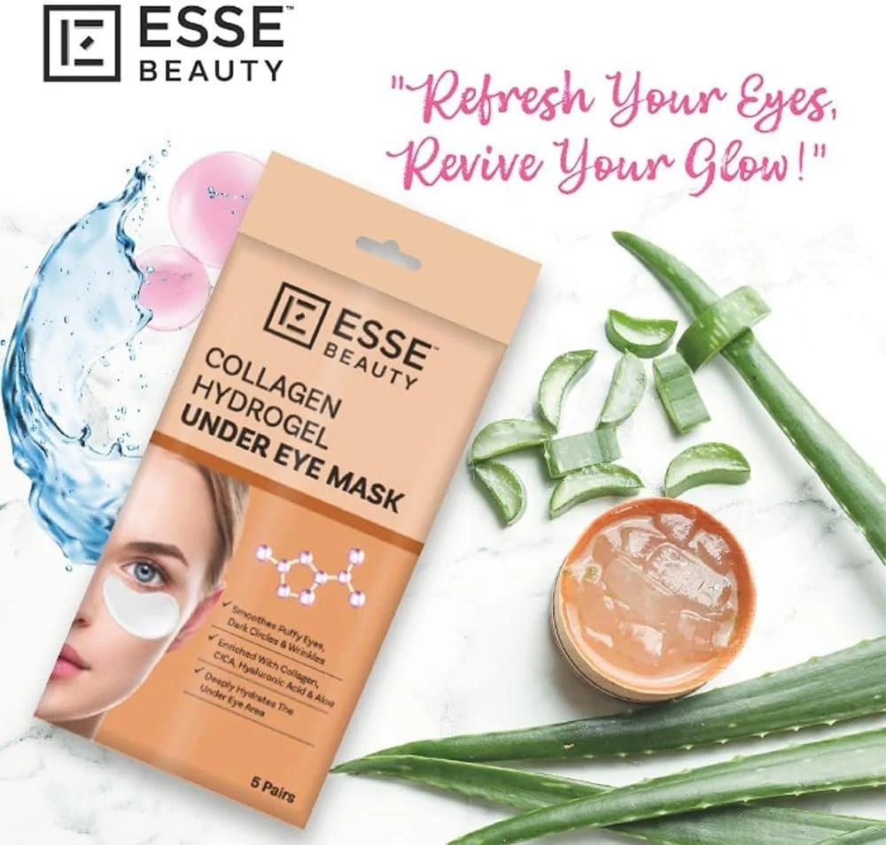 ماسک زیر چشم هیدروژل کلاژن Esse Beauty | 5 جفت | غنی شده با کلاژن، CICA، اسید هیالورونیک و آلوئه ورا | صاف کننده پف زیر چشم، حلقه های تیره، چین و چروک و آبرسانی عمیق ناحیه زیر چشم ماسک زیر چشم هیدروژل کلاژن Esse Beauty | 5 جفت | غنی شده با کلاژن، CICA، اسید هیالورونیک و آلوئه ورا | صاف کننده پف زیر چشم، حلقه های تیره، چین و چروک و آبرسانی عمیق ناحیه زیر چشم