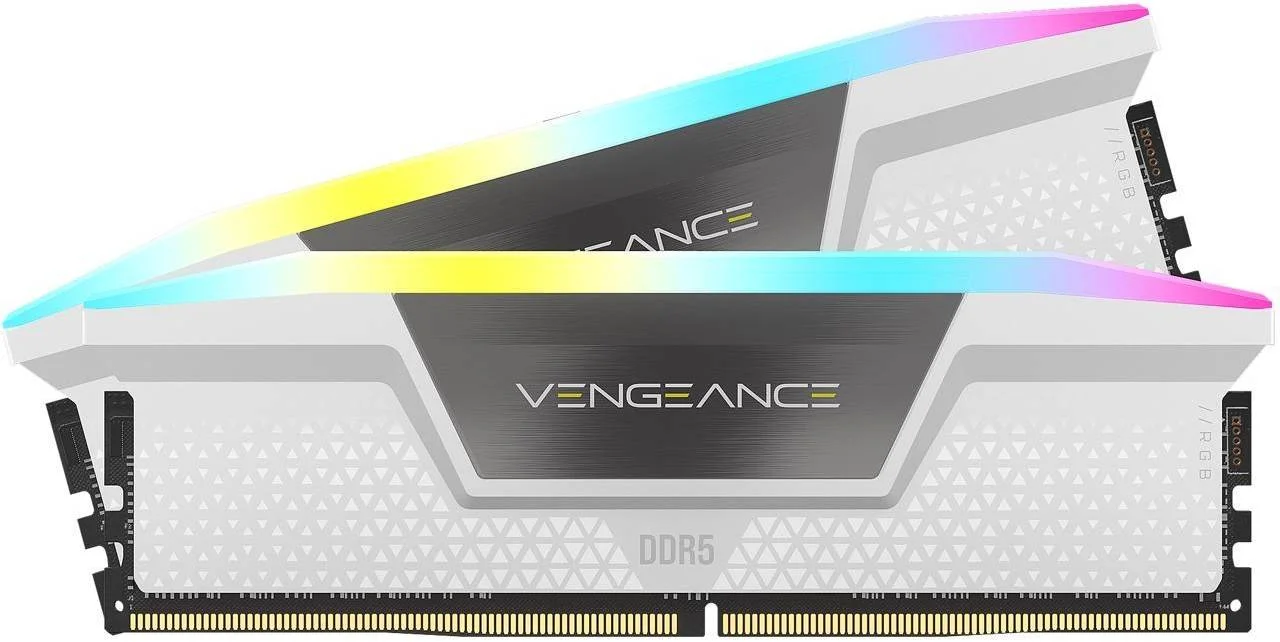کیت حافظه دسکتاپ 32 گیگابایتی (2x16GB) DDR5 کرسیر VENGEANCE RGB، سرعت حافظه 6400 مگاهرتز، تاخیر CAS 32-40-40-84، Intel XMP 3.0، ولتاژ 1.40، 288 پین، RGB چند منطقه ای پویا، سفید | CMH32GX5M2B6400C32W