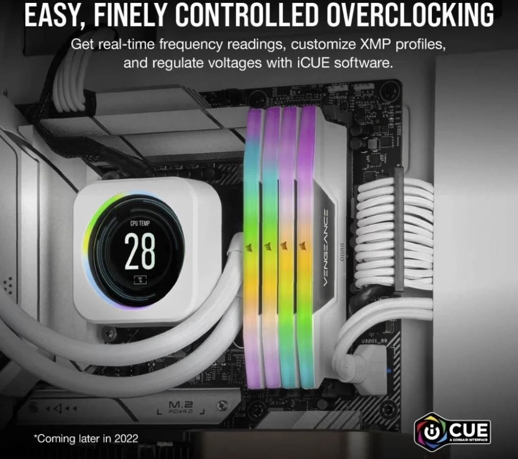 کیت حافظه دسکتاپ 32 گیگابایتی (2x16GB) DDR5 کرسیر VENGEANCE RGB، سرعت حافظه 6400 مگاهرتز، تاخیر CAS 36-48-48-104، Intel XMP 3.0، ولتاژ 1.40، 288 پین، RGB چند منطقه ای پویا، سفید | CMH32GX5M2B6400C36W