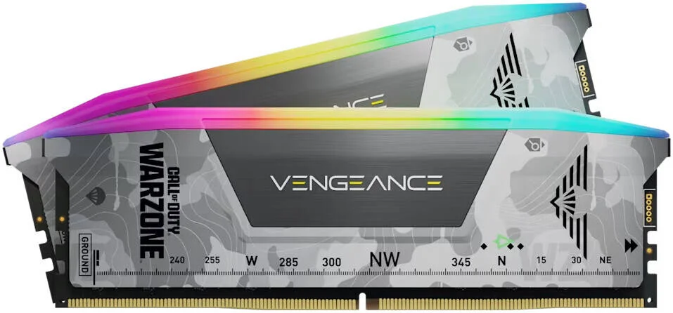 کیت حافظه 32 گیگابایتی (2x16 گیگابایتی) CORSAIR VENGEANCE RGB DDR5، سرعت حافظه 6000MT/s، تاخیر CL30 CAS، پشتیبانی از AMD EXPO و Intel XMP، نسخه Call of Duty Warzone، خاکستری روشن | CMH32GX5M2B6000Z30W-WZ