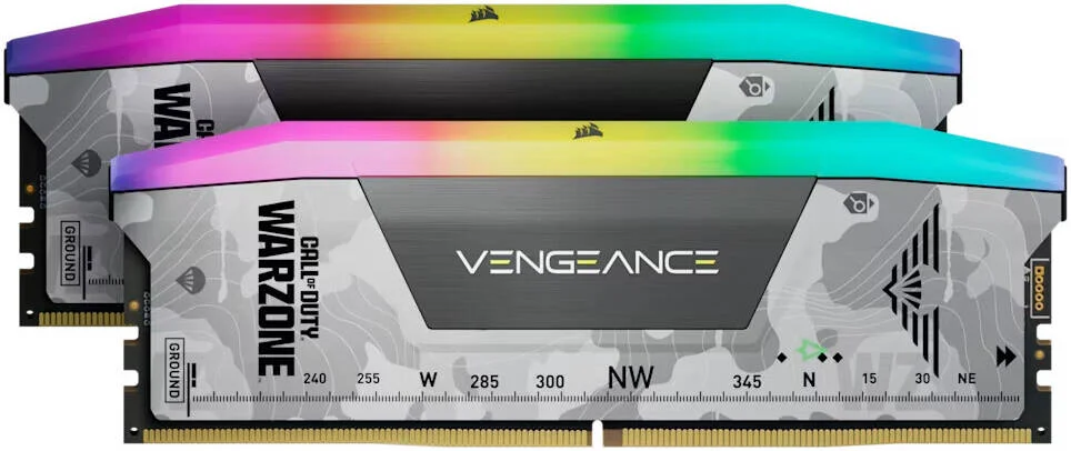 کیت حافظه 32 گیگابایتی (2x16 گیگابایتی) CORSAIR VENGEANCE RGB DDR5، سرعت حافظه 6000MT/s، تاخیر CL30 CAS، پشتیبانی از AMD EXPO و Intel XMP، نسخه Call of Duty Warzone، خاکستری روشن | CMH32GX5M2B6000Z30W-WZ کیت حافظه 32 گیگابایتی (2x16 گیگابایتی) CORSAIR VENGEANCE RGB DDR5، سرعت حافظه 6000MT/s، تاخیر CL30 CAS، پشتیبانی از AMD EXPO و Intel XMP، نسخه Call of Duty Warzone، خاکستری روشن | CMH32GX5M2B6000Z30W-WZ