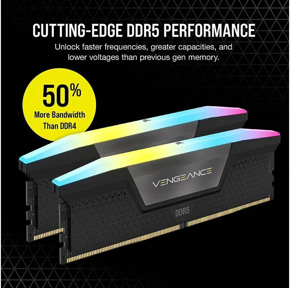 کیت حافظه دسکتاپ 48 گیگابایتی (2x24GB) DDR5 کرسیر VENGEANCE RGB، سرعت حافظه 6400 مگاهرتز، تاخیر CAS 36-48-48-104، Intel XMP 3.0، ولتاژ 1.40، 288 پین، RGB چند منطقه ای پویا، مشکی | CMH48GX5M2B6400C36