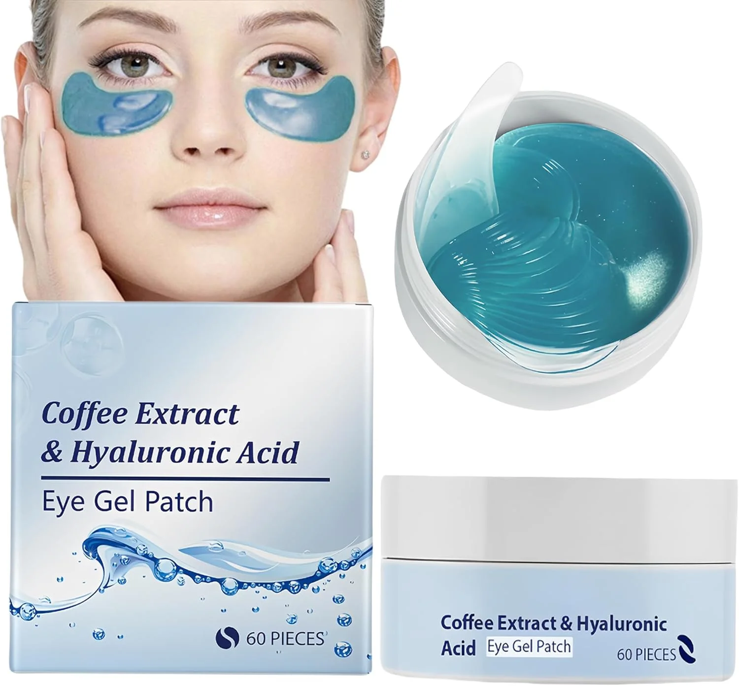 پد ژلی دور چشم، 60 جفت پد زیر چشم با کافئین و اسید هیالورونیک، از بین برنده سیاهی دور چشم، پف، روشن کننده، آبرسان، ضد چروک و درمان خنک کننده