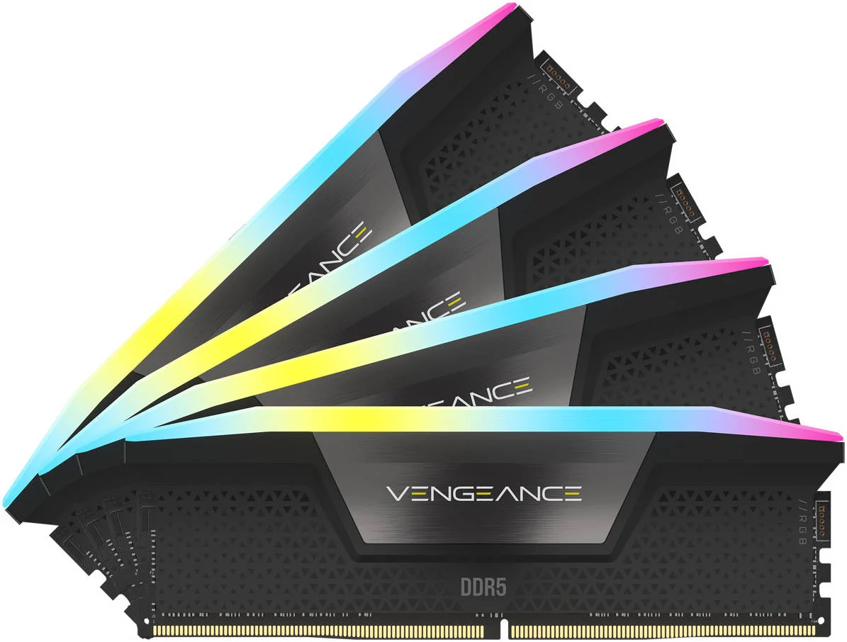 کیت حافظه رم 64 گیگابایتی (4x16GB) DDR5 کرسیر VENGEANCE RGB، سرعت تست شده 5600 مگاهرتز، تاخیر CAS 36-36-36-76، کیت چهار کاناله، چیپست Intel XMP 3.0، ولتاژ 1.25، مشکی | CMH64GX5M4B5600C36