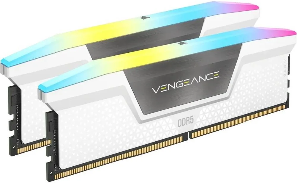 حافظه دسکتاپ کرسیر Vengeance RGB با ظرفیت 64 گیگابایت (2x32GB)، 288 پین DDR5 DRAM، سرعت تست شده 5200، تاخیر تست شده 40-40-40-77، ولتاژ 1.25V، PMIC اورکلاک، مناسب برای سری Intel 600/700، سفید | CMH64GX5M2B5200C40W