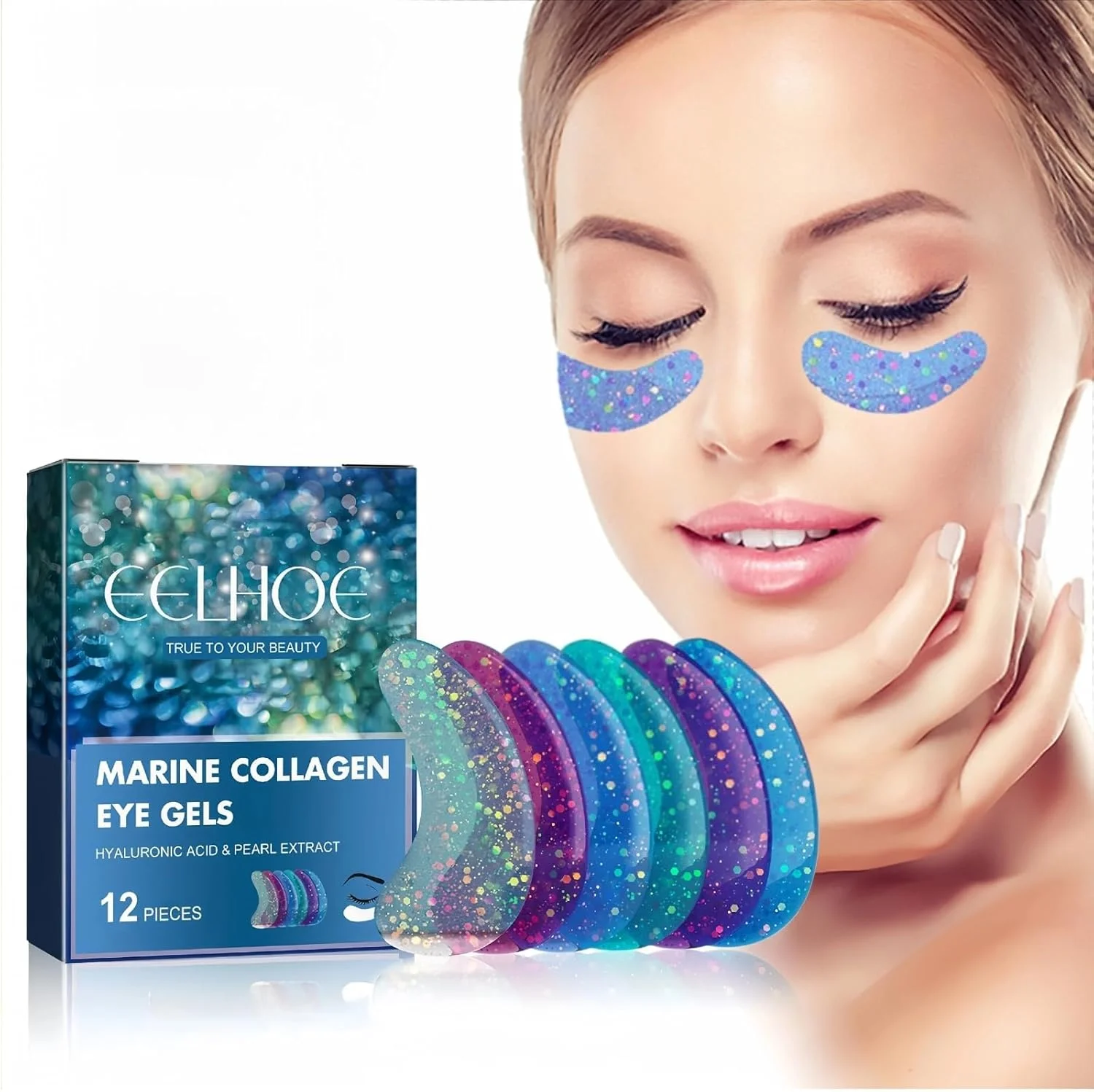 پچ زیر چشم ضد پیری 12 عددی برای کاهش پف، سیاهی دور چشم و خطوط ریز، حاوی کلاژن دریایی، اسید هیالورونیک و عصاره مروارید برای آبرسانی و لیفت