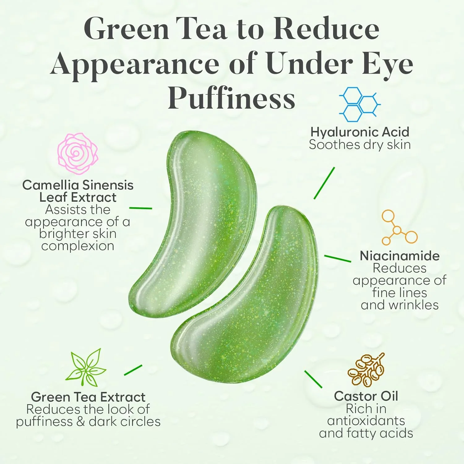 پدهای دور چشم چای سبز (20 جفت) - پدهای دور چشم حاوی نیاسینامید و هیالورونیک اسید - پدهای دور چشم ضد تیرگی - رفع تیرگی دور چشم - پچ های دور چشم