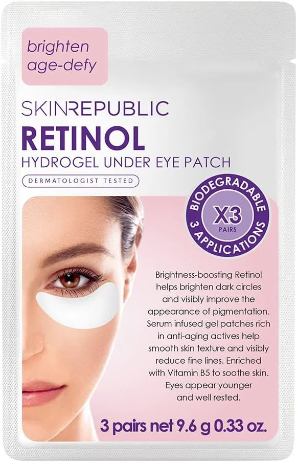 پچ های زیر چشم هیدروژلی رتینول Skin Republic (3 جفت) - ماسک های زیر چشم حاوی نیاسینامید و ویتامین B5، کاهش دهنده چین و چروک، پف و سیاهی دور چشم، آبرسان، روشن کننده و تسکین دهنده پوست
