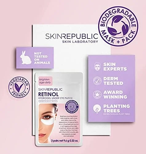 پچ های زیر چشم هیدروژلی رتینول Skin Republic (3 جفت) - ماسک های زیر چشم حاوی نیاسینامید و ویتامین B5، کاهش دهنده چین و چروک، پف و سیاهی دور چشم، آبرسان، روشن کننده و تسکین دهنده پوست
