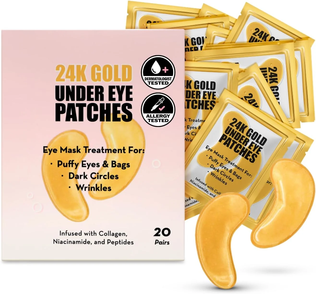 پد زیر چشم حاوی طلای 24 عیار الیزابت مات - کلاژن، نیاسینامید و پپتیدها برای پف، تیرگی و چروک زیر چشم - ماسک آبرسان و روشن کننده چشم، بدون تست حیوانی