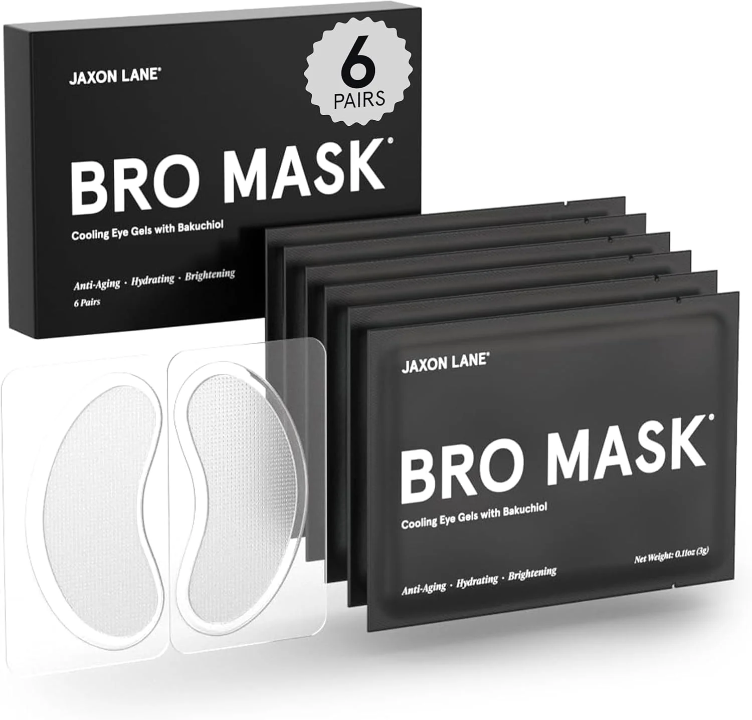 پدهای ژلی زیر چشم BRO MASK: پدهای خنک کننده چشم برای سیاهی و پف زیر چشم | پچ هیدروژلی ضد پیری چشم حاوی باکوچیول، چای سبز، اسید هیالورونیک، کافئین، نیاسینامید/ویتامین B3 - 6 جفت