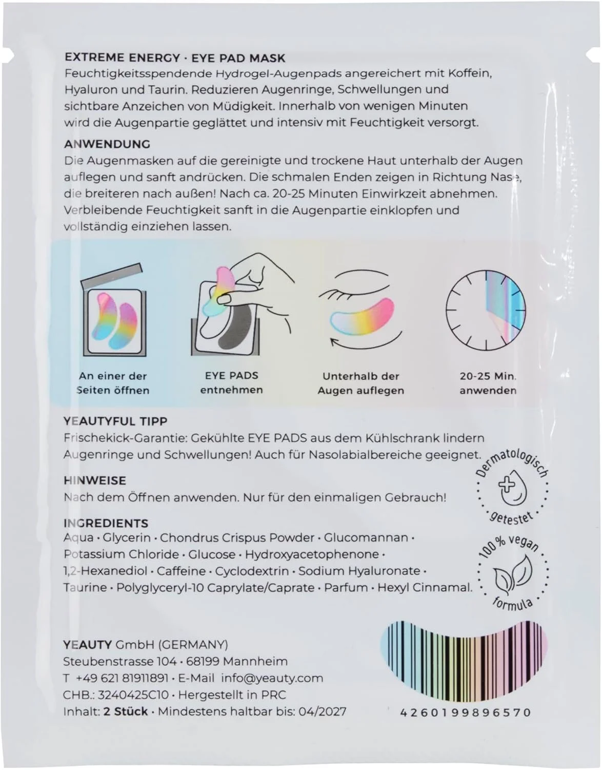 پد ماسک دور چشم انرژی رسان YEAUTY - پدهای هیدروژلی دور چشم با کافئین، هیالورونیک و کمپلکس پپتید - طراوت بخش برای حلقه های تیره و پف زیر چشم - 1 جفت