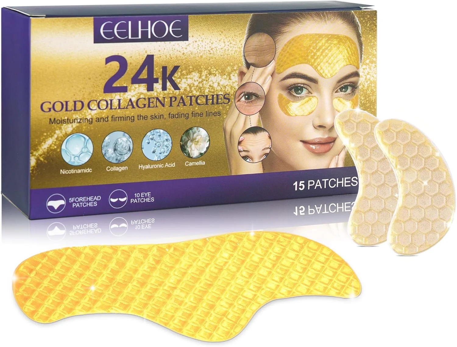 پچ های رفع چروک زیر چشم و پیشانی VRAIKO، حاوی کلاژن، هیالورونیک اسید و عصاره کاملیا، مناسب برای خطوط پیشانی، پف زیر چشم، حلقه های تیره و احیای پوست