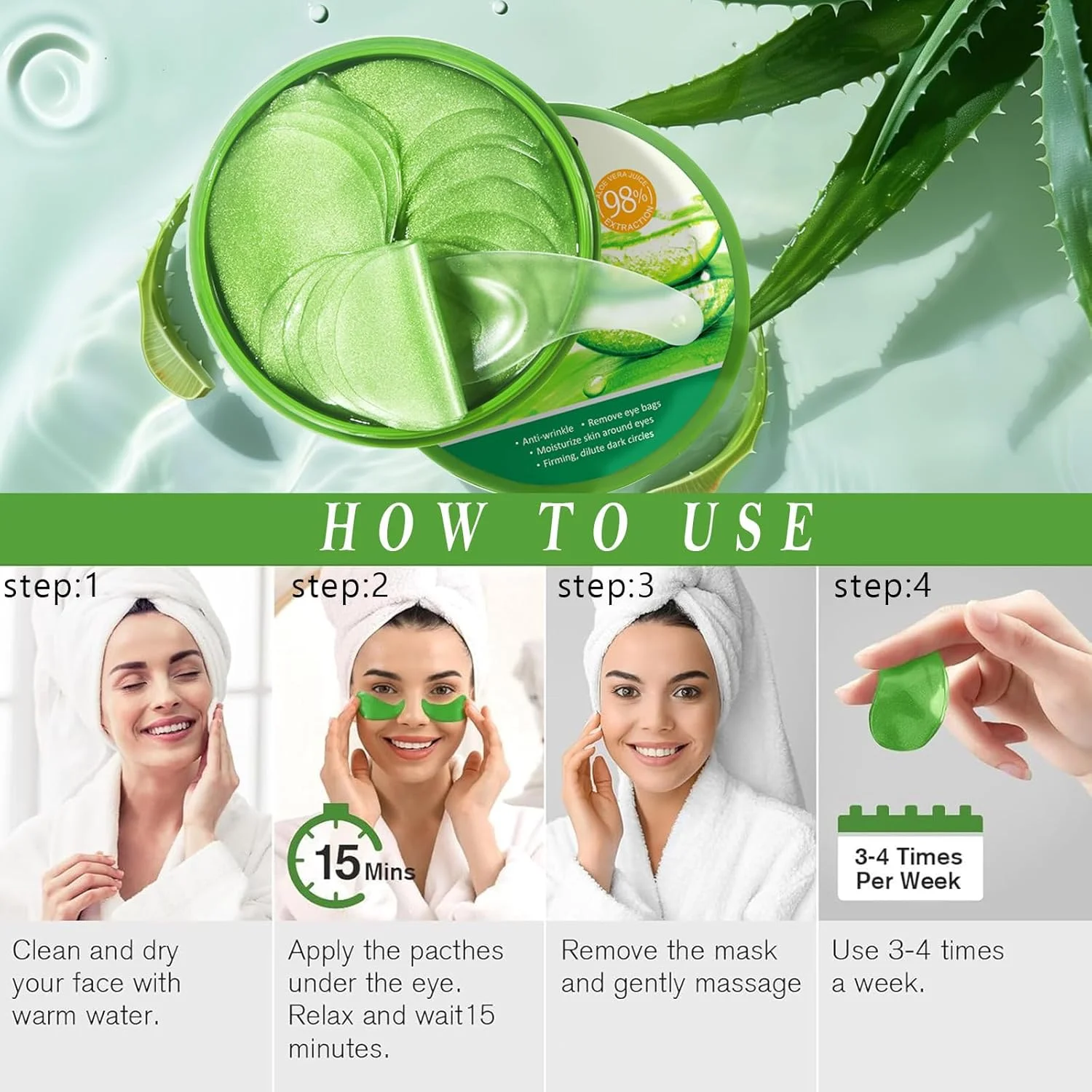 پد ژلی زیر چشم 60 عددی، ماسک ژلی مراقبت از پوست چشم، پد زیر چشم کلاژن برای سیاهی و پف، پوست خود را شاداب کنید، مرطوب کننده، بهبود خاصیت ارتجاعی (ماسک چشم آلوئه ورا)