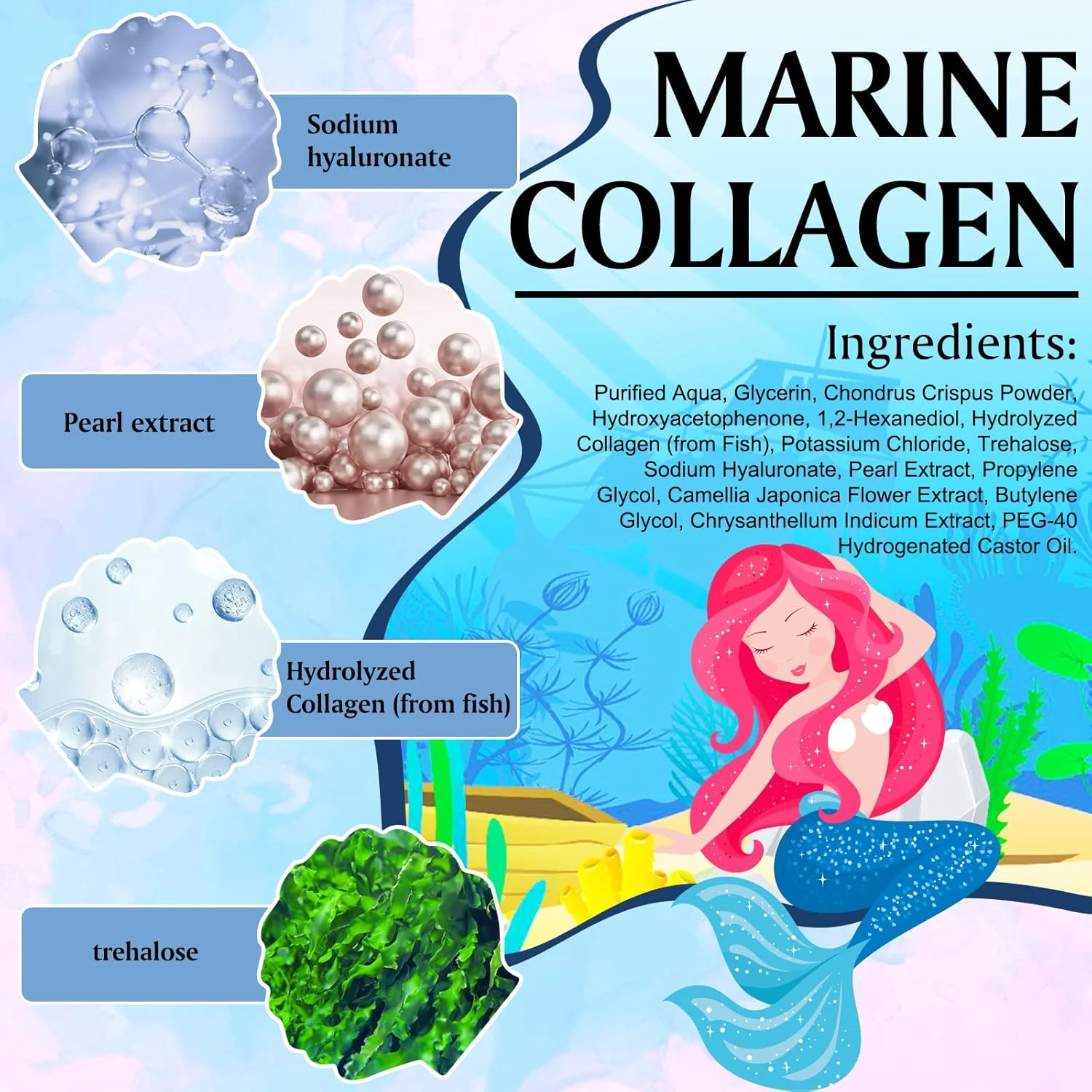 پد زیر چشم (18 جفت) - ماسک مروارید با کلاژن دریایی طبیعی و هیالورونیک HA، کاهش دهنده چین و چروک، پف چشم، حلقه های تیره و کیسه های زیر چشم، ماسک ضد پیری و پدهای ضد چروک