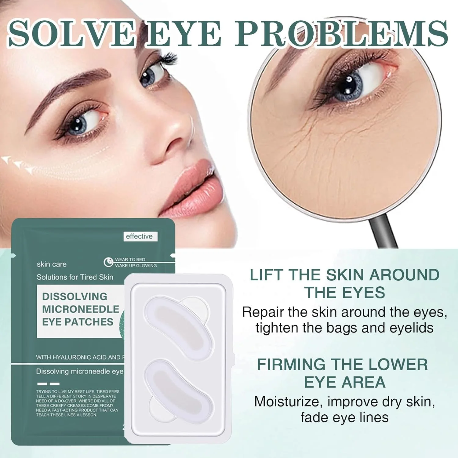 پچ های میکرونیدل حل شونده احیا کننده دور چشم، پچ های سوزن ریز مراقبت از زیر چشم با پپتیدها و اسید هیالورونیک، کاهش چین و چروک، حلقه های تیره و پف زیر چشم، 3 عدد