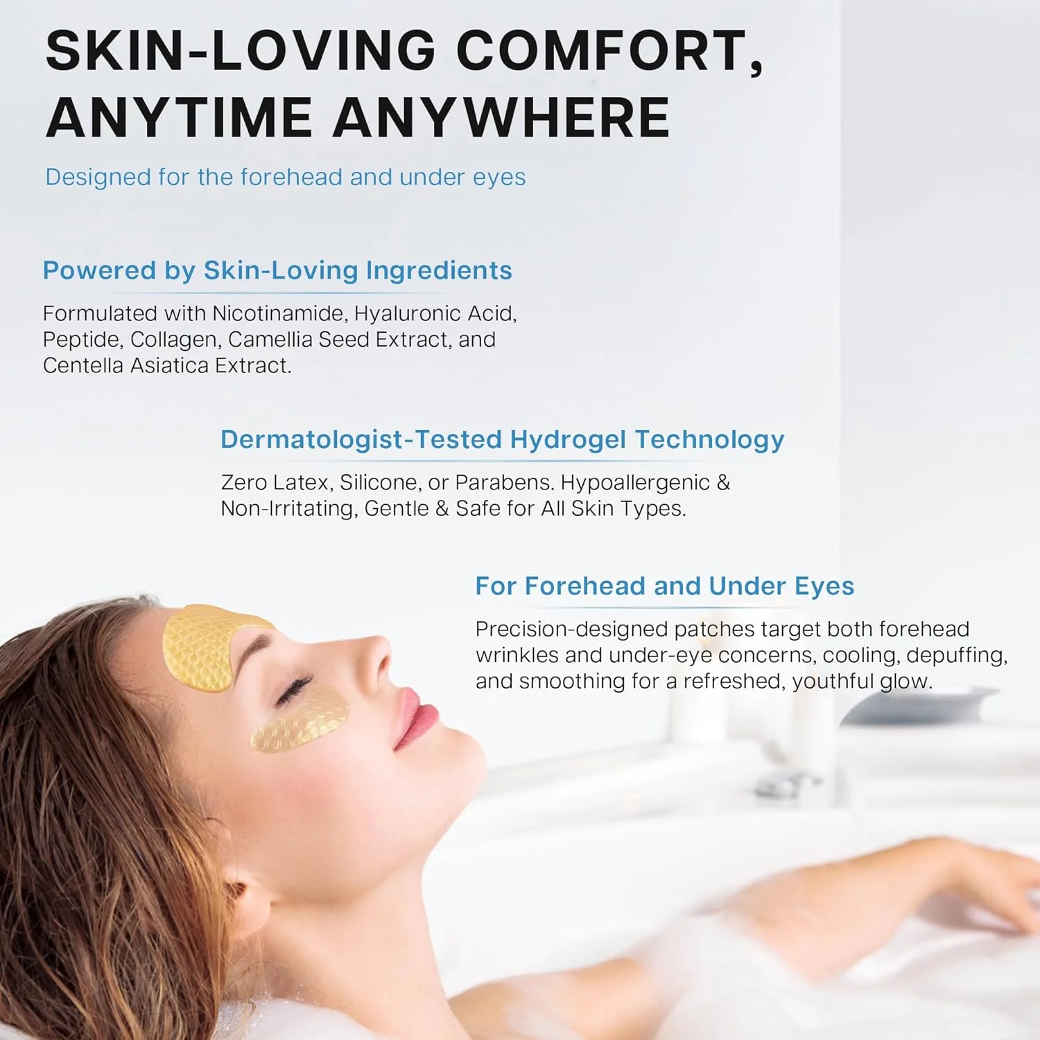 پچ های رفع چروک زیر چشم و پیشانی VRAIKO، حاوی کلاژن، هیالورونیک اسید و عصاره کاملیا، مناسب برای خطوط پیشانی، پف زیر چشم، حلقه های تیره و احیای پوست