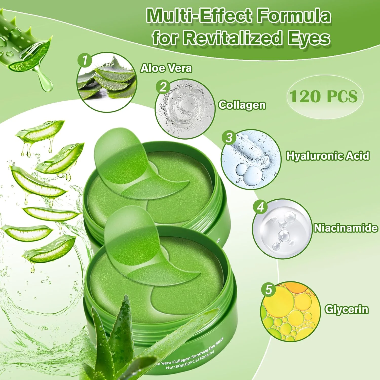 پچ های ژلی دور چشم حاوی آلوئه ورا، 60 عدد، تسکین دهنده و آبرسان، کاهش تیرگی و پف، ماسک چشم غنی شده با کلاژن، طراوت بخش و احیا کننده، مناسب برای آقایان و بانوان