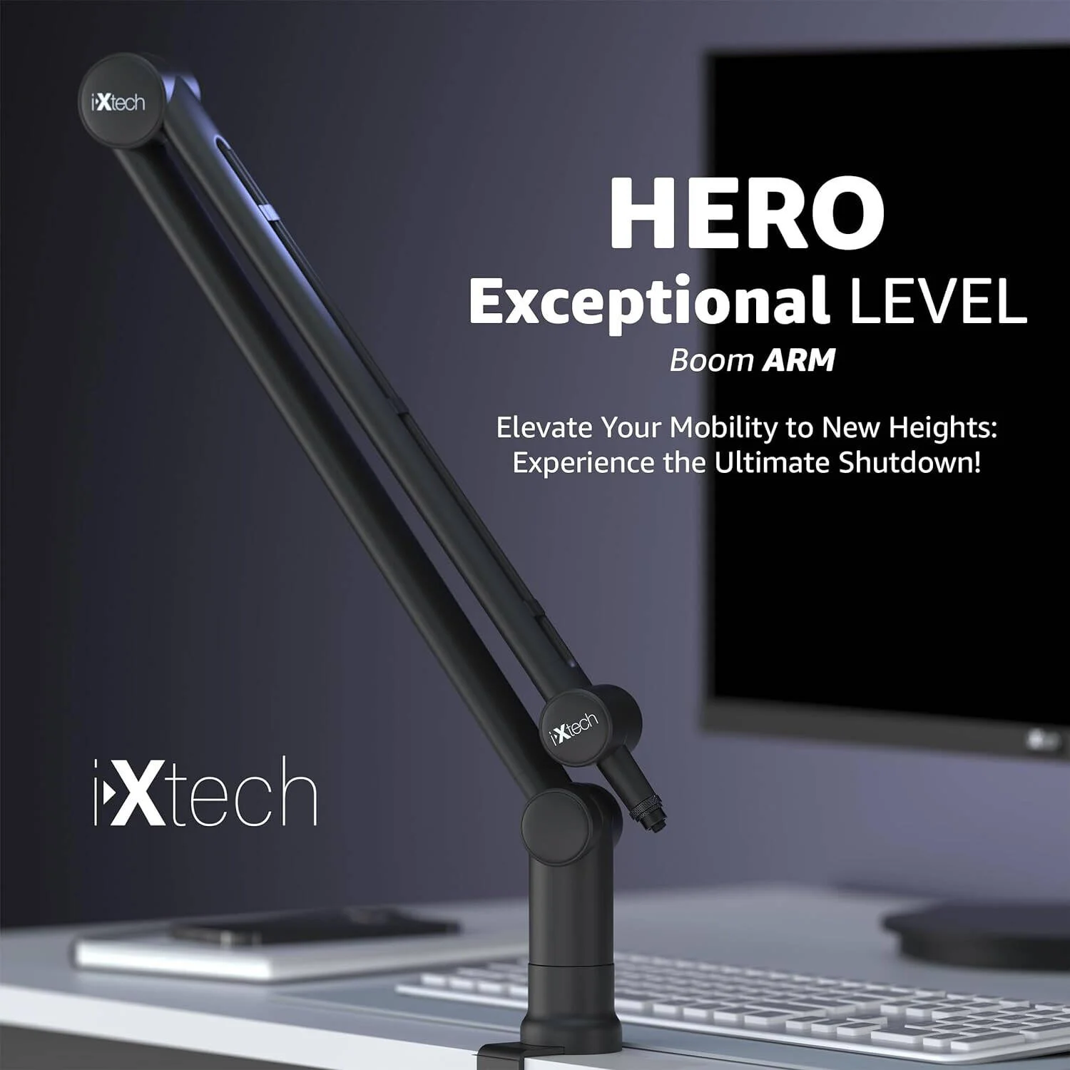 بازوی بوم I-XTECH Hero MI01، پایه میکروفون قابل تنظیم و چرخش 360 درجه، پیچ 3/8 و 5/8، فولاد ضد زنگ محکم، پایه رومیزی، قیچی تاشو، پایه ثابت، نگهدارنده کابل گیره ای، مشکی | Hero-MI01
