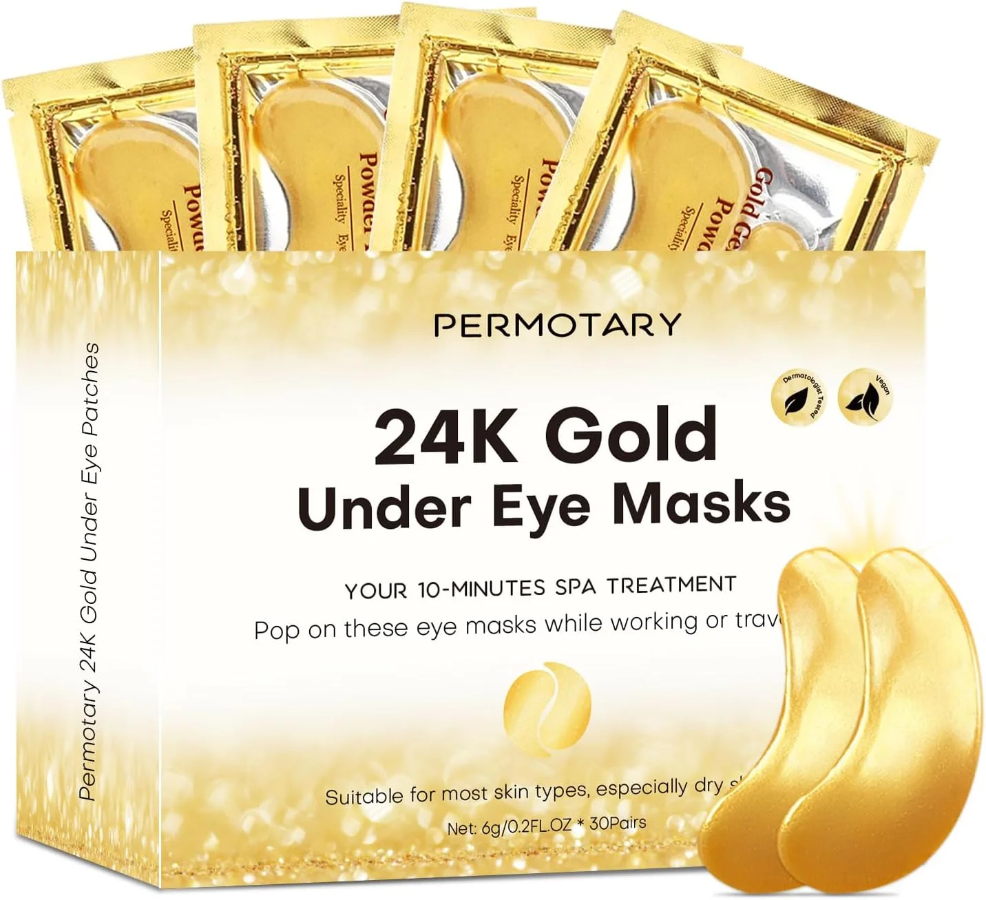 پرموتاری جوینست 30 جفت ماسک چشم کریستالی زیر چشم، پد چشم کلاژن ژل طلای 24 عیار برای مرطوب کردن و کاهش سیاهی دور چشم، پف و چین و چروک، پچ زیر چشم برای زنان (طلایی)