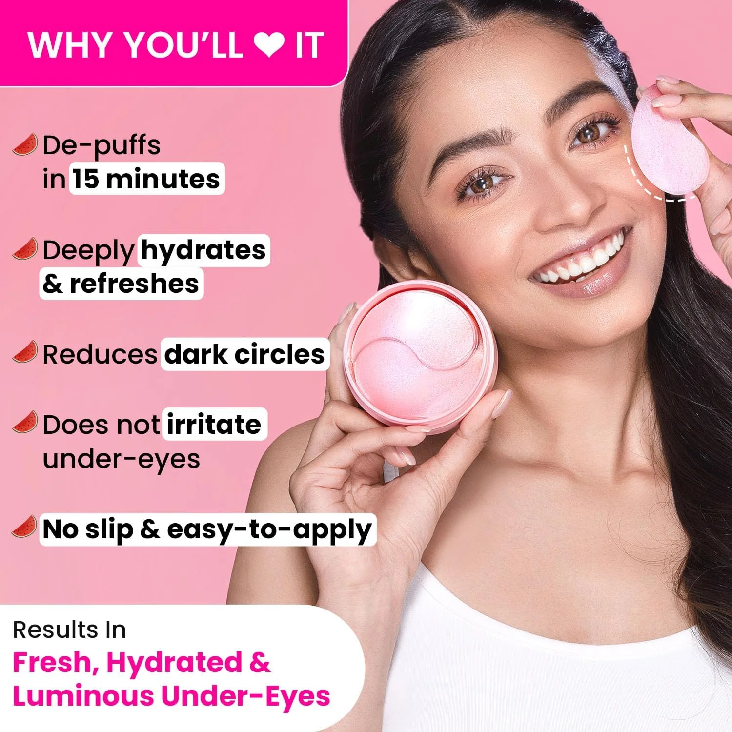 پچ های زیر چشم هیدروژل خنک کننده هندوانه دات اند کی | حاوی هیالورونیک و نیاسینامید | برای کاهش سیاهی و پف زیر چشم | آبرسان، خنک کننده و ضد پف فوری | 60 عدد، صورتی