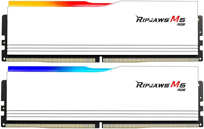 رم دسکتاپ دو کاناله G.SKILL Ripjaws M5 RGB Series با ظرفیت 32 گیگابایت (2x16GB)، سرعت حافظه 6000 MT/s، تاخیر CL36-36-36-96، ولتاژ 1.35V، Intel XMP 3.0، سفید | F5-6000J3636F16GX2-RM5RW