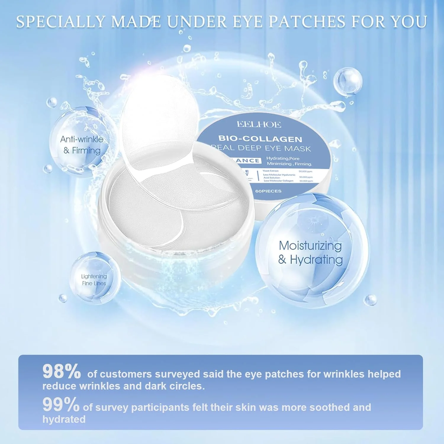 پچ های دور چشم بایو کلاژن - 30 جفت 丨 پچ زیر چشم برای حلقه های تیره، پف کردگی، خطوط ریز 丨 حاوی کلاژن وگان، اسید هیالورونیک، نیاسینامید، ویتامین E 丨 آبرسان، ضد پیری 丨 مراقبت از پوست کره ای