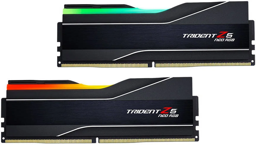 رم دسکتاپ دو کاناله G.SKILL Trident Z5 Neo RGB با ظرفیت 48 گیگابایت (2 عدد 24 گیگابایتی)، سرعت حافظه 6400MT/s، تاخیر CL32-39-39-102، بدون ECC، پروفایل AMD EXPO، ولتاژ 1.35 ولت | F5-6400J3239F24GX2-TZ5NR
