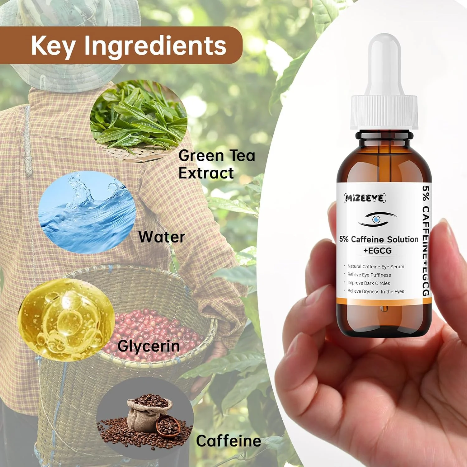 محلول کافئین 5% + EGCG برای صورت، سرم آبرسان کافئین دور چشم 30 میلی لیتر برای سیاهی و پف، محلول زیر چشم برای خطوط ریز.