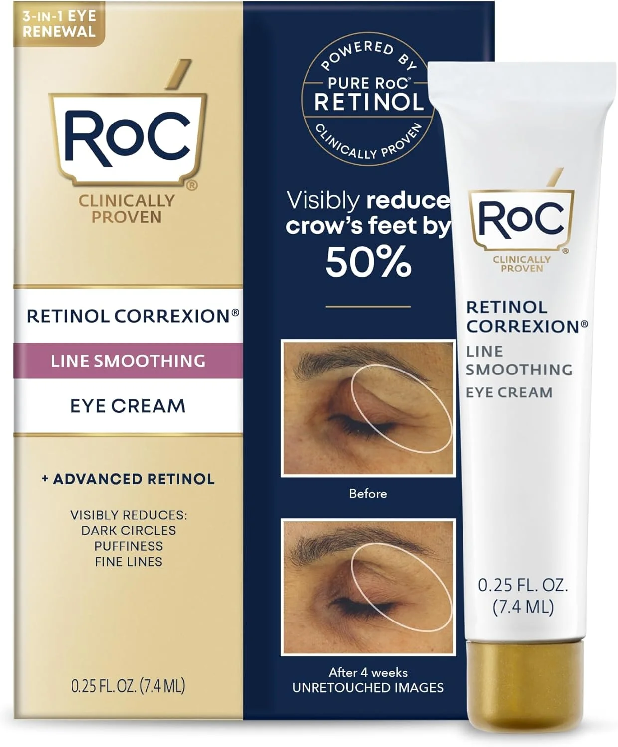 کرم دور چشم کوچک RoC Retinol Correxion برای تیرگی و پف، کرم روزانه ضد چروک، درمان مراقبت از پوست صاف کننده خطوط، 7.5 میلی لیتر