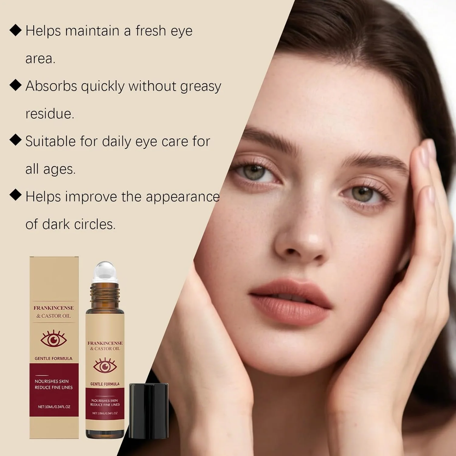 غلتک روغن کرچک چشم، غلتکی زیر چشم برای کاهش چین و چروک، پف، کیسه های چشم، حلقه های تیره، درمان تسکین دهنده زیر چشم برای پوست روشن تر و محکم تر، روشن کننده حلقه های تیره (10 میلی لیتر)