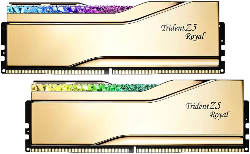 رم دسکتاپ دو کاناله G.SKILL Trident Z5 Royal با ظرفیت 32 گیگابایت (2x16GB)، سرعت حافظه 7200 MT/s، تاخیر CL34-45-45-115، ولتاژ 1.40، سازگار با Intel XMP 3.0، طلایی | F5-7200J3445G16GX2-TR5G