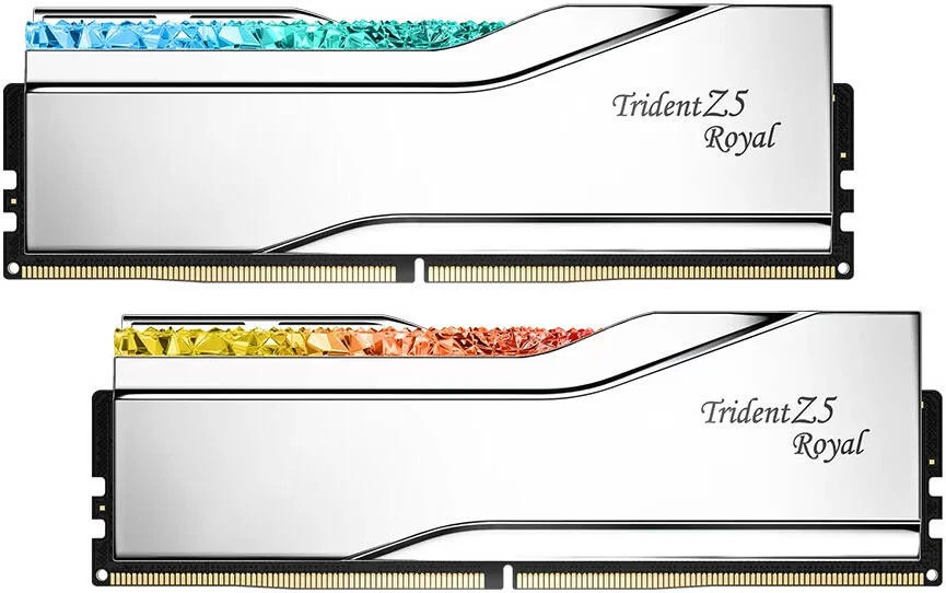 رم دسکتاپ دو کاناله G.SKILL Trident Z5 Royal با ظرفیت 48 گیگابایت (2x24GB) DDR5، سرعت حافظه 8000 مگاهرتز، CL40-48-48-128 تاخیر، ولتاژ 1.35، نقره ای | F5-8000J4048F24GX2-TR5S رم دسکتاپ دو کاناله G.SKILL Trident Z5 Royal با ظرفیت 48 گیگابایت (2x24GB) DDR5، سرعت حافظه 8000 مگاهرتز، CL40-48-48-128 تاخیر، ولتاژ 1.35، نقره ای | F5-8000J4048F24GX2-TR5S