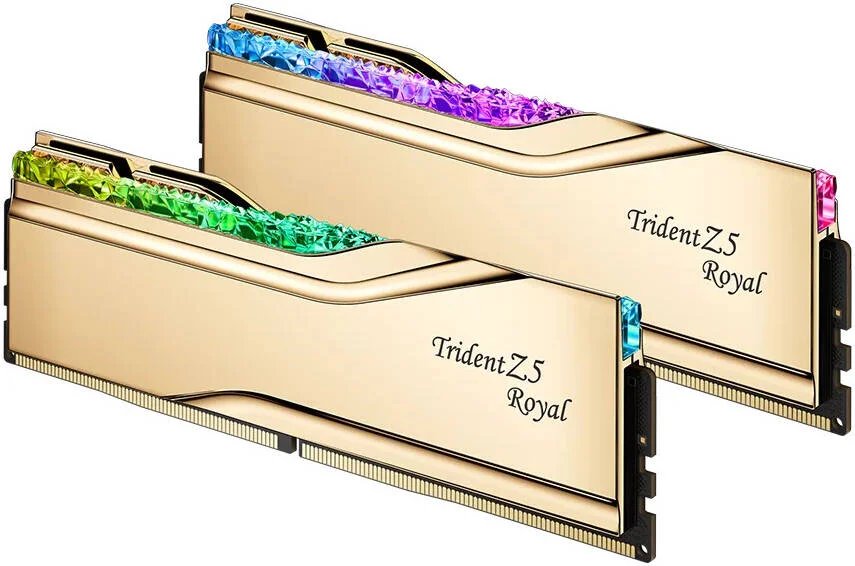 رم دسکتاپ دو کاناله G.SKILL Trident Z5 Royal با ظرفیت 32 گیگابایت (2x16GB)، سرعت حافظه 7200 MT/s، تاخیر CL34-45-45-115، ولتاژ 1.40، سازگار با Intel XMP 3.0، طلایی | F5-7200J3445G16GX2-TR5G
