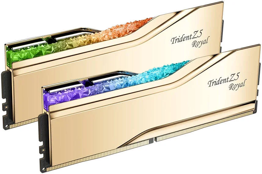 رم دسکتاپ دو کاناله G.SKILL Trident Z5 Royal با ظرفیت 32 گیگابایت (2x16GB)، سرعت حافظه 7200 MT/s، تاخیر CL34-45-45-115، ولتاژ 1.40، سازگار با Intel XMP 3.0، طلایی | F5-7200J3445G16GX2-TR5G