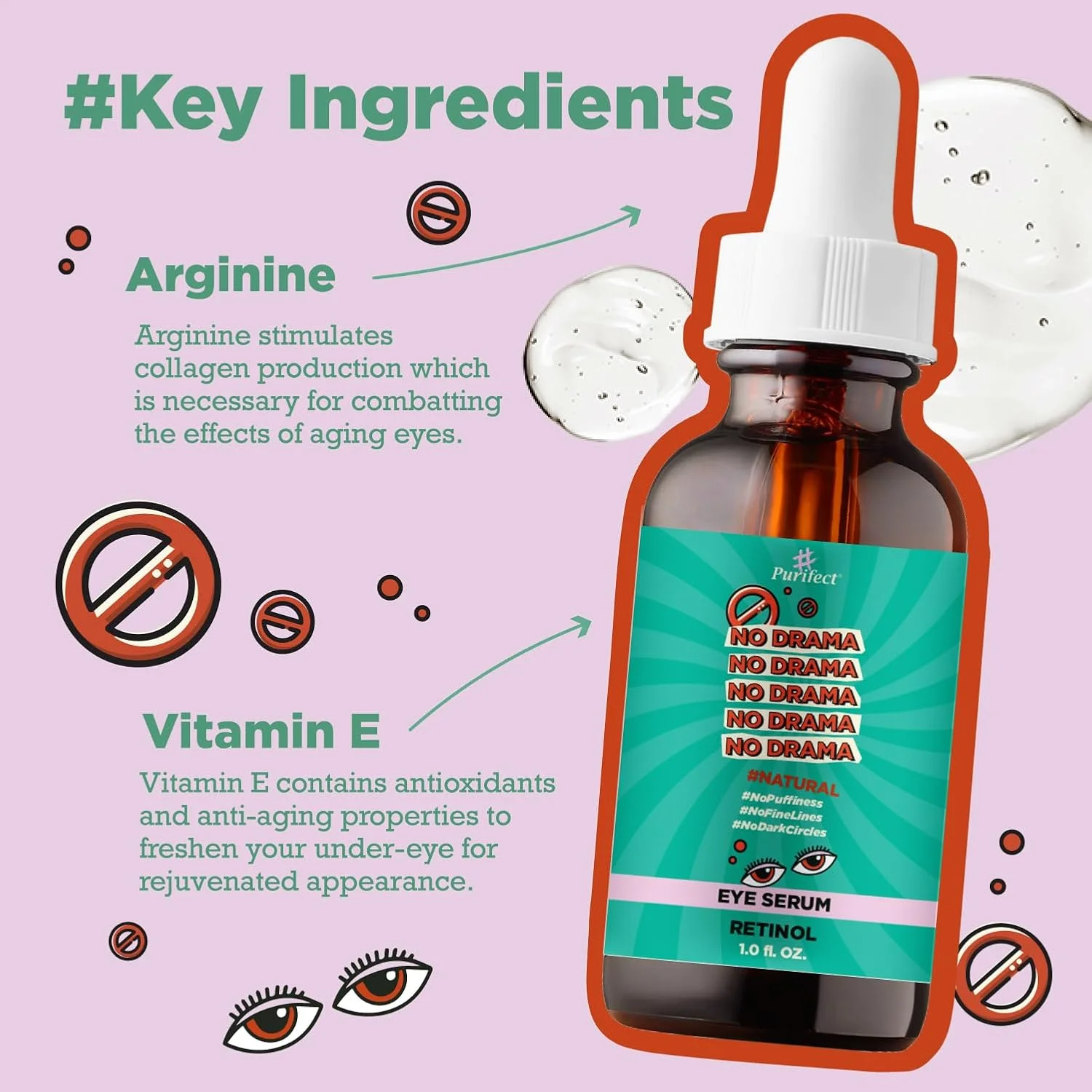 سرم دور چشم حاوی رتینول Purifect به همراه ویتامین E، سرم ضد پیری کمک به کاهش پف، خطوط ریز و تیرگی دور چشم، احیا کننده پوست جوان 30 میلی لیتر