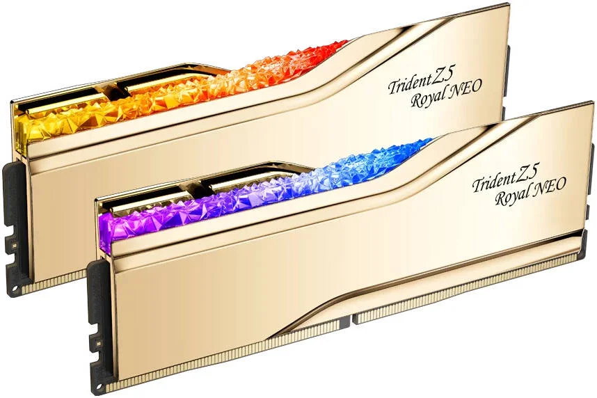 رم دسکتاپ دو کاناله G.SKILL Trident Z5 Royal Neo با ظرفیت 32 گیگابایت (2x16GB)، سرعت حافظه 6000 MT/s، تاخیر CL28-36-36-96 CAS، ولتاژ 1.40، AMD EXPO Ready، طلایی | F5-6000J2836G16GX2-TR5NG