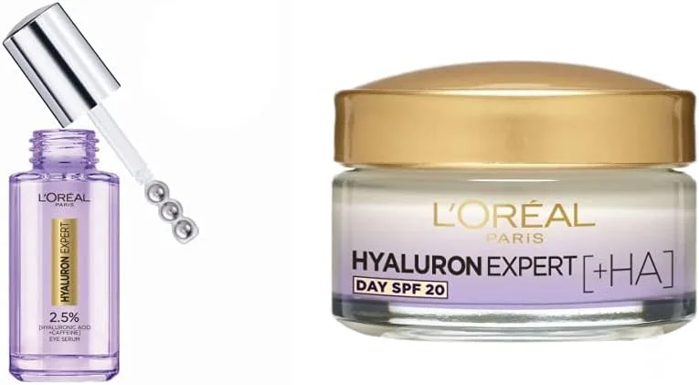 سرم دور چشم لورآل پاریس هیالورون اکسپرت حاوی 2.5% هیالورونیک اسید، کافئین و نیاسینامید - 20 میلی لیتر و کرم روز مرطوب کننده و حجم دهنده لورآل پاریس هیالورون اکسپرت 50 میلی لیتر