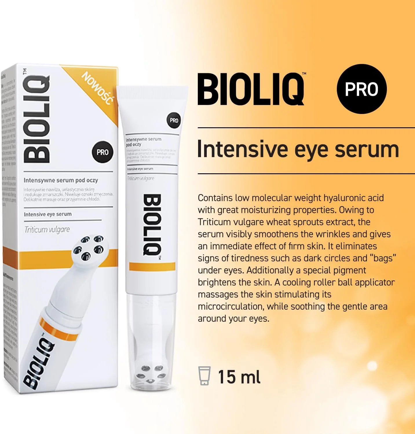 سرم دور چشم بیولیك پرو - اسید هیالورونیک برای آبرسانی، عصاره جوانه گندم برای صاف کردن چروک، رفع تیرگی، روشن کننده زیر چشم و دارای اپلیکاتور رولی خنک کننده - 15 میلی لیتر