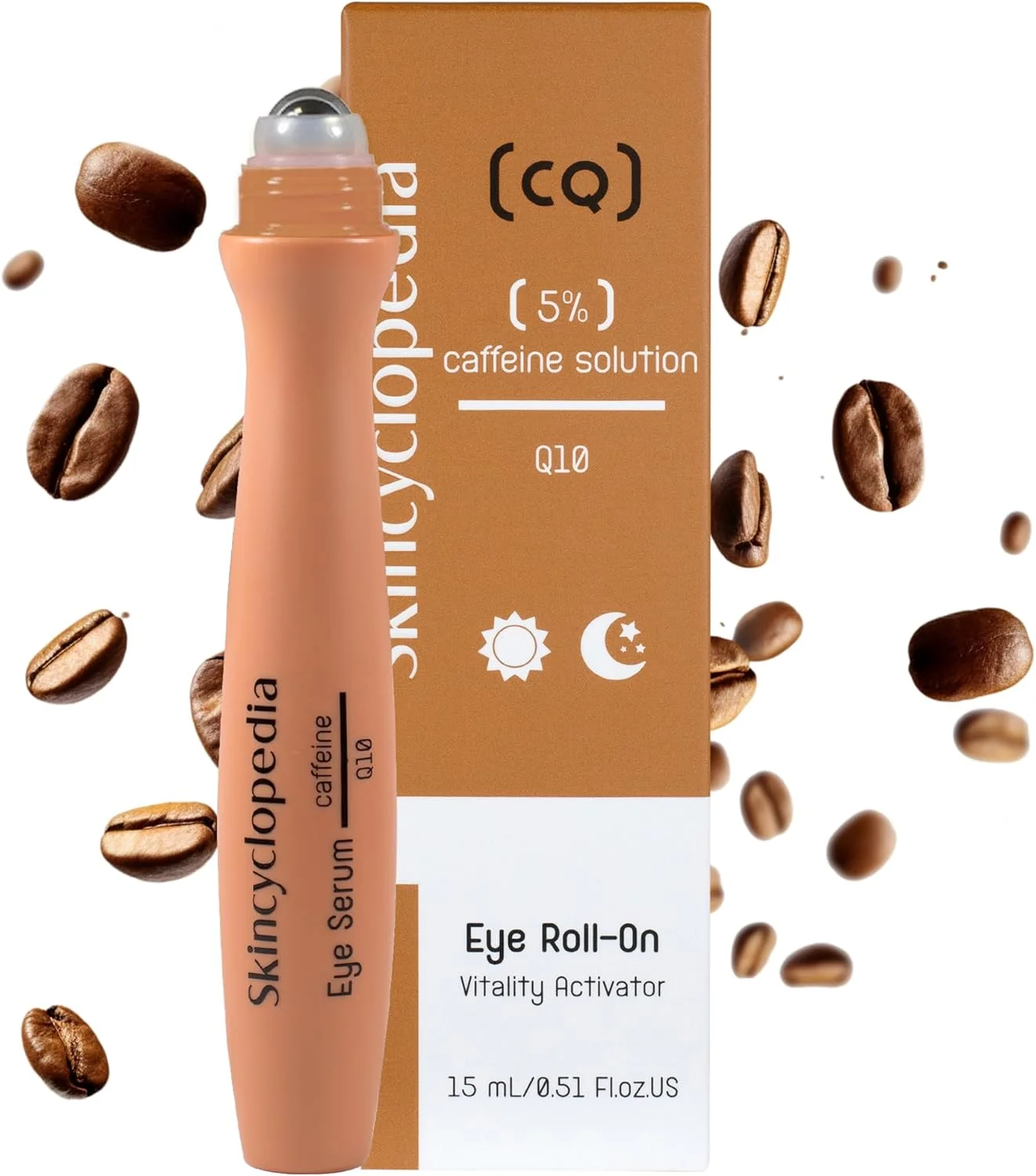 غلتک دور چشم کافئین Skincyclopedia خنک کننده با Q10 و اسید هیالورونیک، سرم دور چشم برای رفع سیاهی و پف زیر چشم، غلتک دور چشم ضد پیری، مراقبت از پوست با کافئین، مراقبت از چشم، 15 میلی لیتر